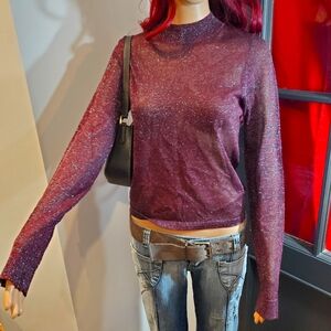 F21 Burgandy Glitter Mesh Long Sleeve Top